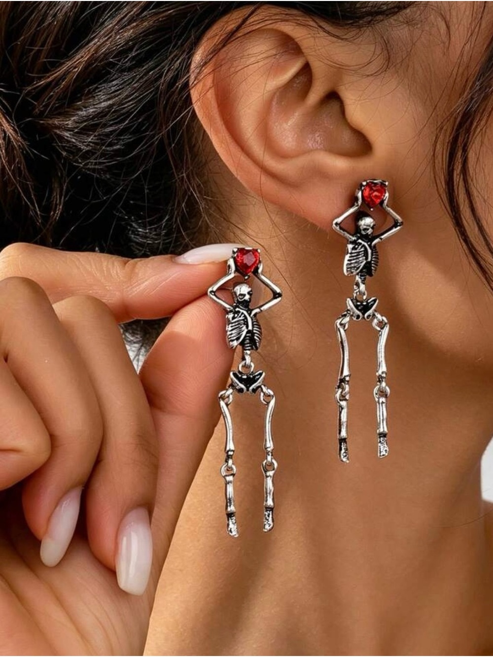 Silver Skeleton Drop Earrings with Red Heart Stone